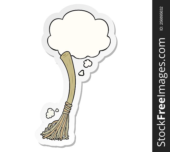 cartoon magic broom with thought bubble as a printed sticker