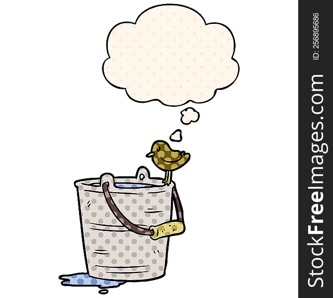 cartoon bucket of water with thought bubble in comic book style