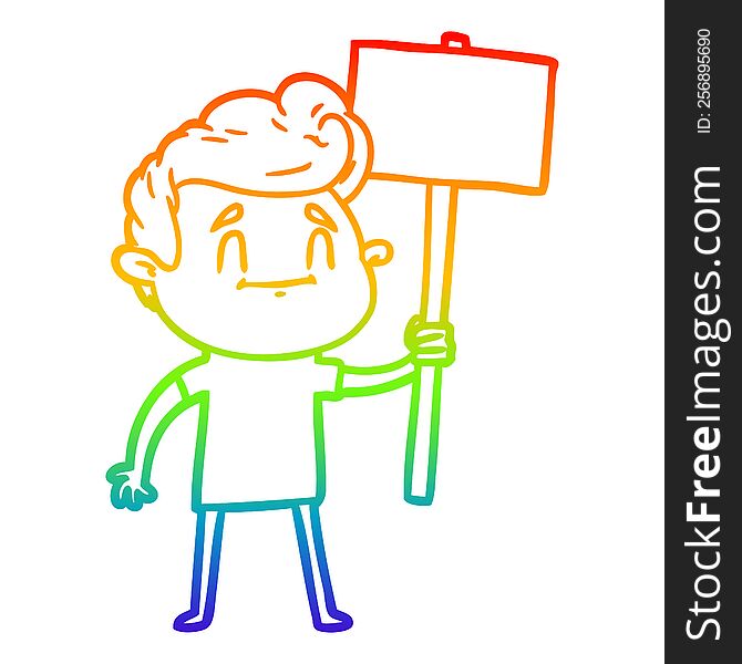 rainbow gradient line drawing of a happy cartoon man with sign