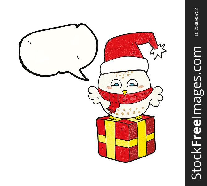 Speech Bubble Textured Cartoon Cute Christmas Owl On Gift