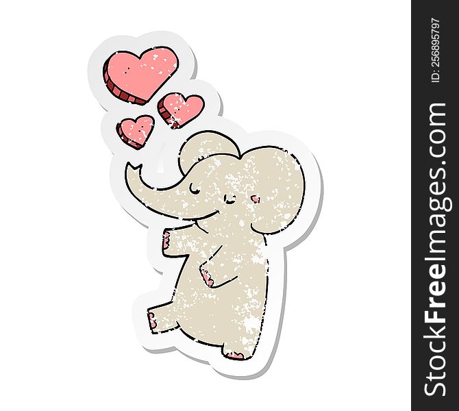 distressed sticker of a cartoon elephant with love hearts