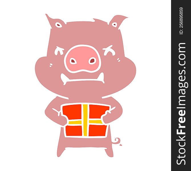 angry flat color style cartoon pig with christmas gift