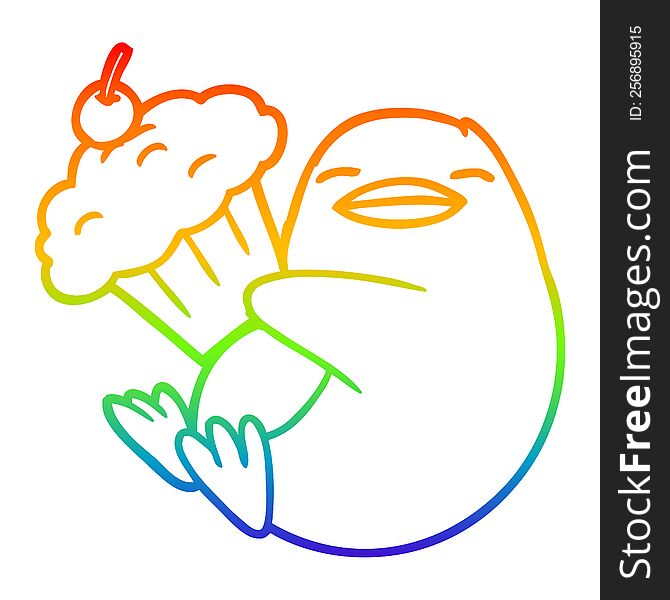 Rainbow Gradient Line Drawing Cartoon Penguin With Cupcake