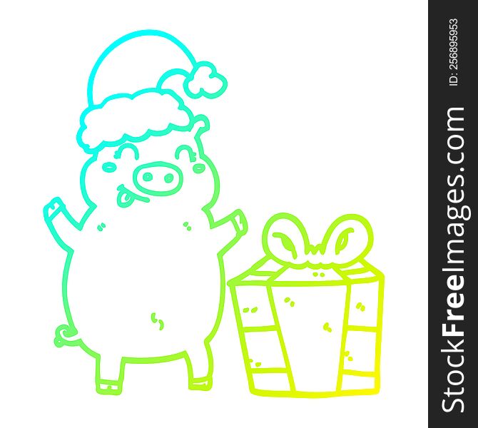cold gradient line drawing of a cartoon happy christmas pig