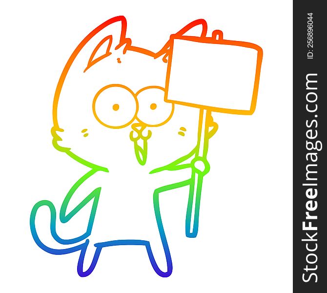 Rainbow Gradient Line Drawing Funny Cartoon Cat With Sign