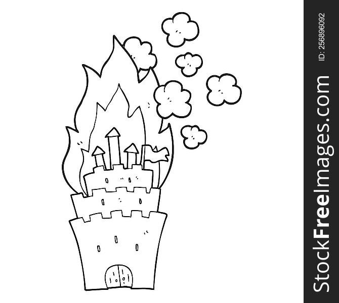 freehand drawn black and white cartoon burning castle