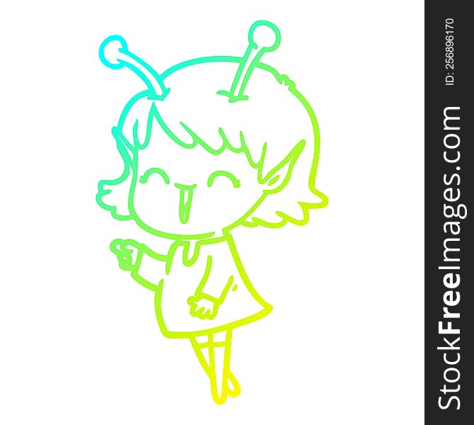 cold gradient line drawing of a cartoon alien girl laughing