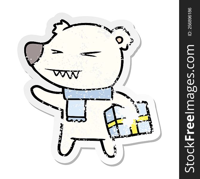 distressed sticker of a cartoon angry polar bear with xmas present