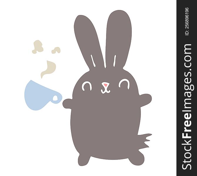 Cute Flat Color Style Cartoon Rabbit With Coffee Cup