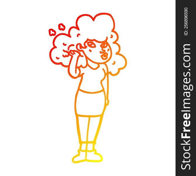 warm gradient line drawing cartoon girl playing with hair