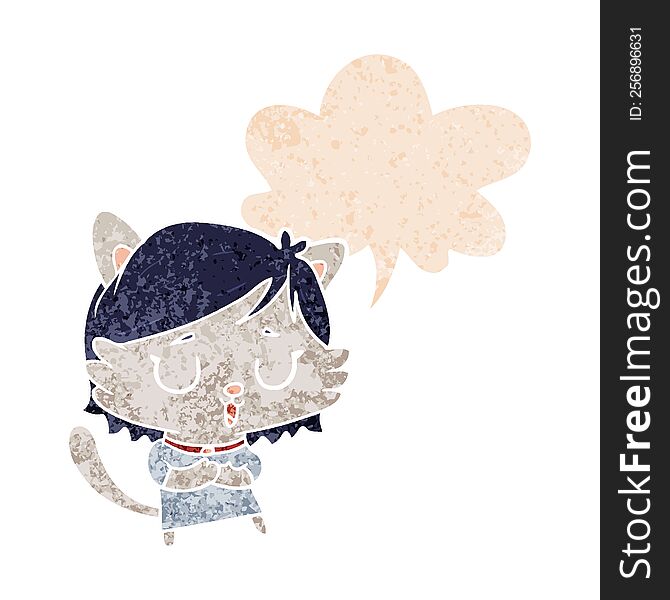 cartoon cat girl with speech bubble in grunge distressed retro textured style. cartoon cat girl with speech bubble in grunge distressed retro textured style