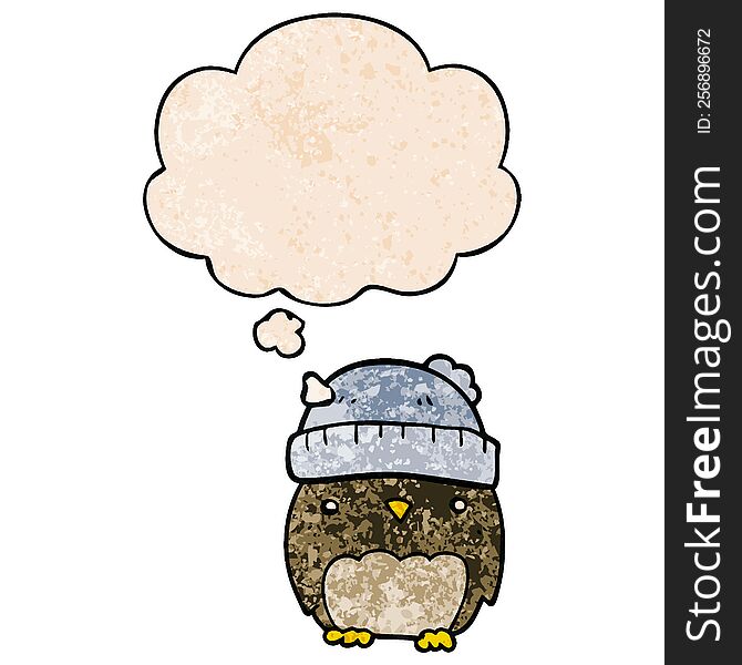 Cute Cartoon Owl In Hat And Thought Bubble In Grunge Texture Pattern Style