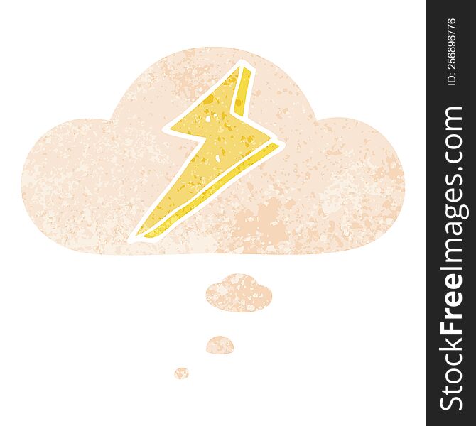 cartoon lightning with thought bubble in grunge distressed retro textured style. cartoon lightning with thought bubble in grunge distressed retro textured style