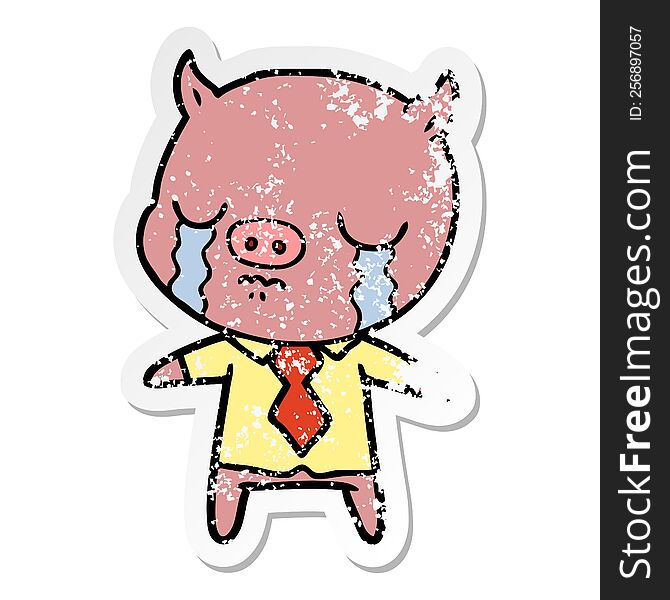 distressed sticker of a cartoon pig crying wearing shirt and tie