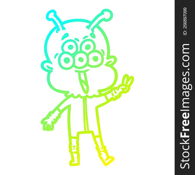 cold gradient line drawing of a happy cartoon alien waving peace gesture