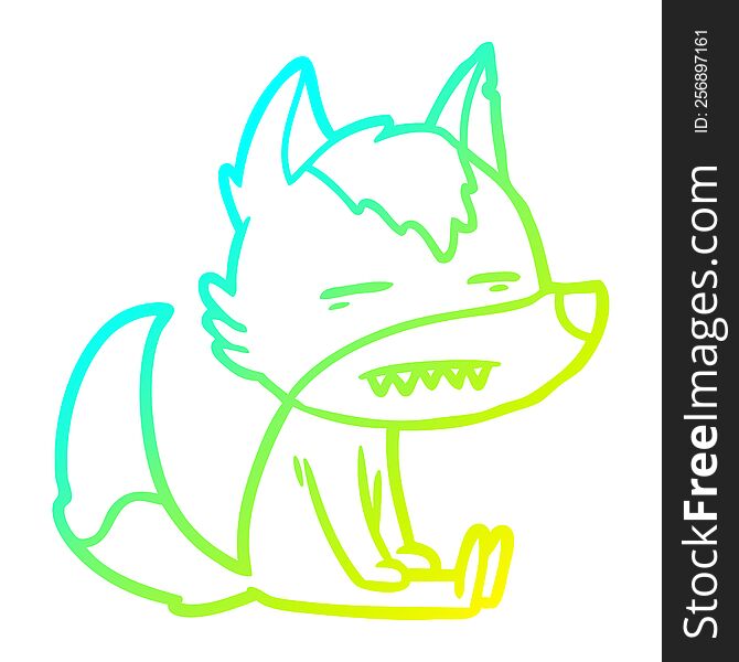 cold gradient line drawing of a cartoon sitting  wolf showing teeth
