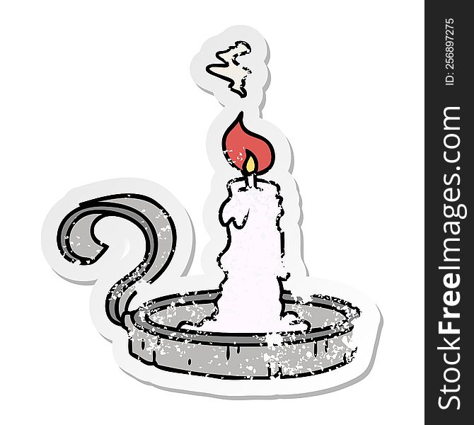 hand drawn distressed sticker cartoon doodle of a candle holder and lit candle