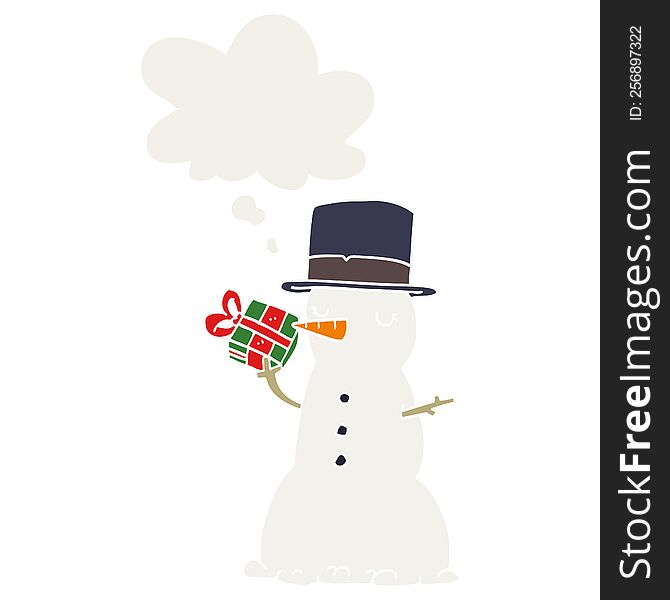 cartoon snowman with thought bubble in retro style