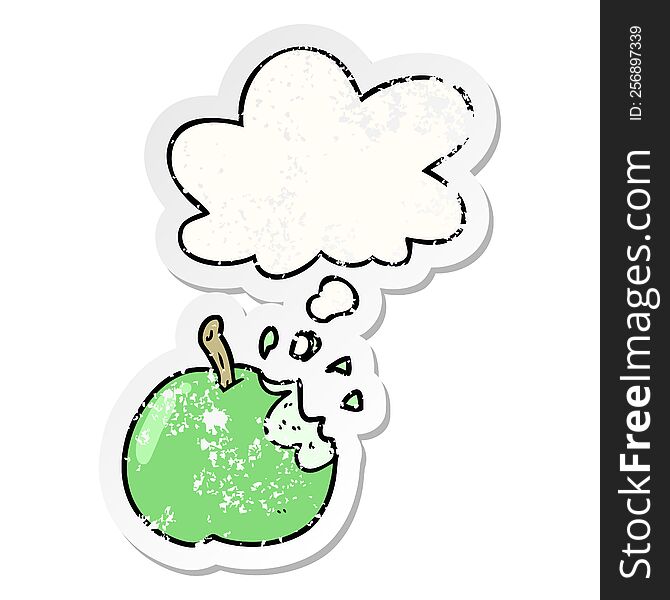 cartoon bitten apple with thought bubble as a distressed worn sticker