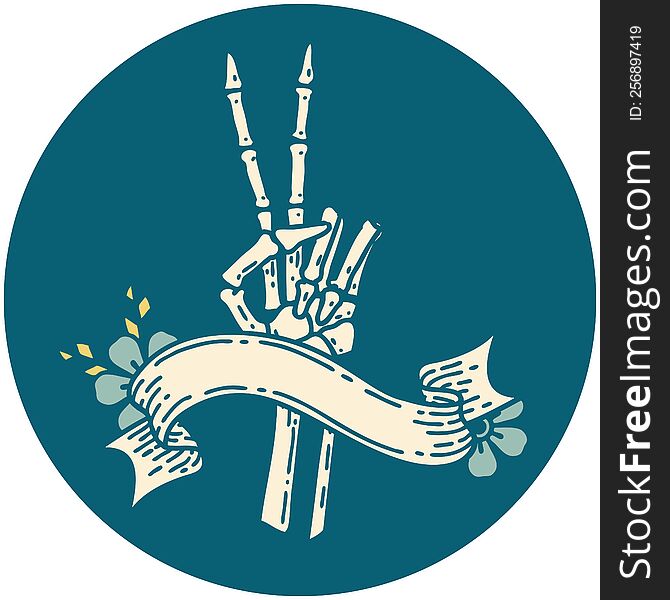 Icon With Banner Of A Skeleton Hand Giving A Peace Sign