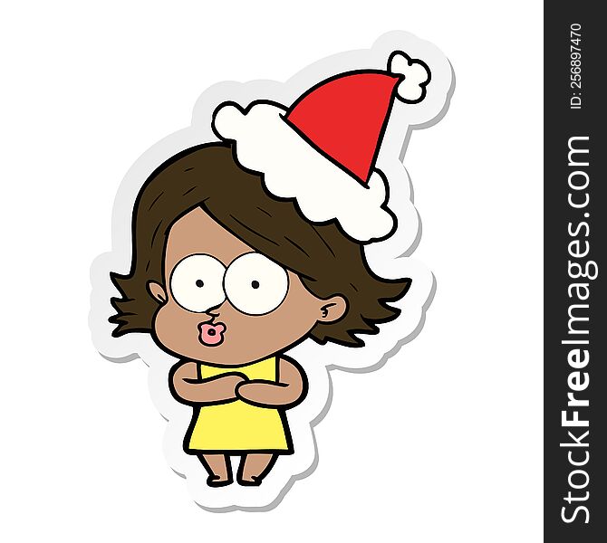Sticker Cartoon Of A Girl Pouting Wearing Santa Hat