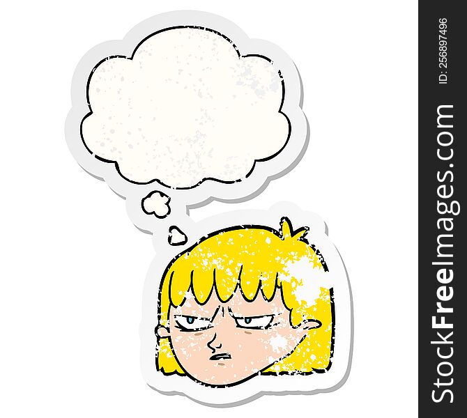 Cartoon Angry Woman And Thought Bubble As A Distressed Worn Sticker