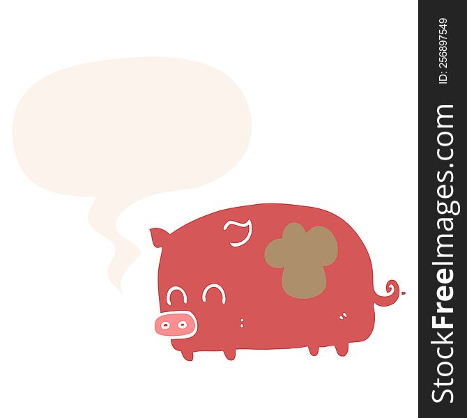 cute cartoon pig with speech bubble in retro style