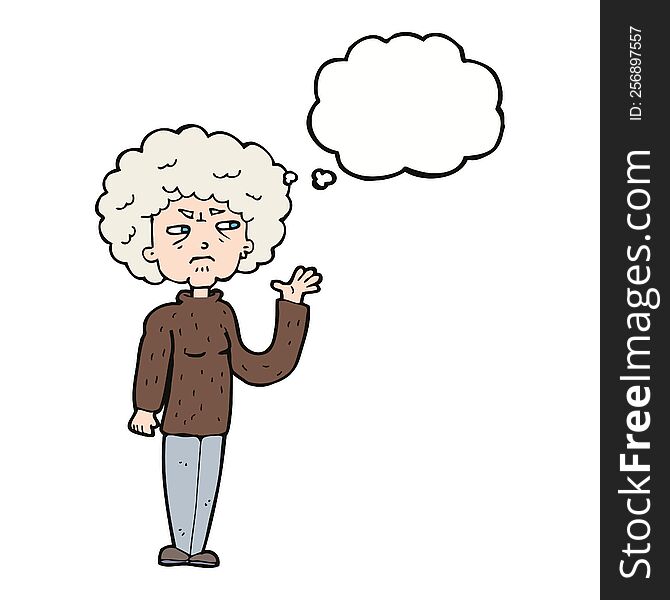cartoon annoyed old woman waving with thought bubble