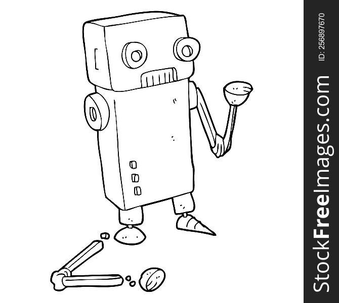 freehand drawn black and white cartoon broken robot