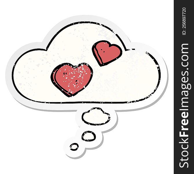 Cartoon Love Hearts And Thought Bubble As A Distressed Worn Sticker