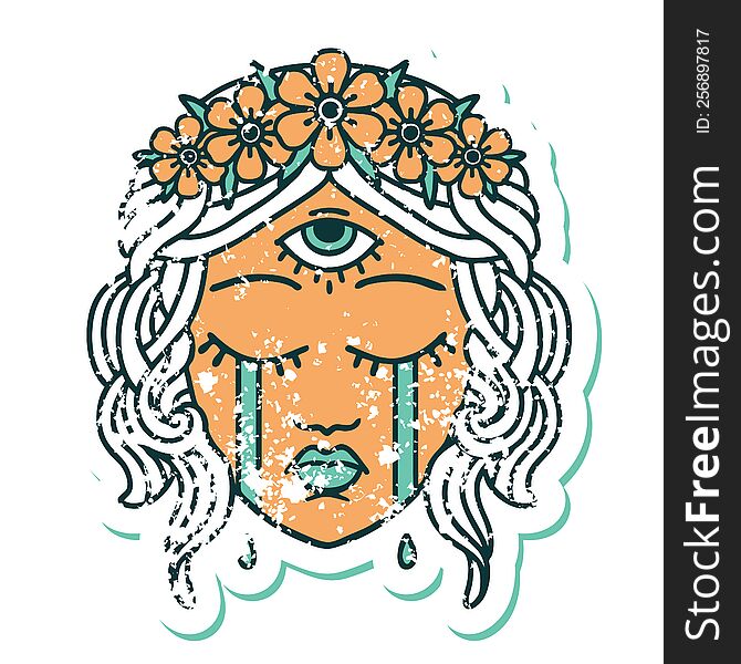 iconic distressed sticker tattoo style image of female face with mystic third eye crying. iconic distressed sticker tattoo style image of female face with mystic third eye crying