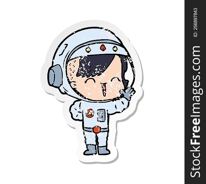 Distressed Sticker Of A Cartoon Happy Astronaut Girl Waving