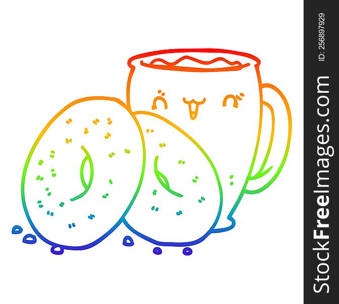 Rainbow Gradient Line Drawing Cartoon Coffee And Donuts