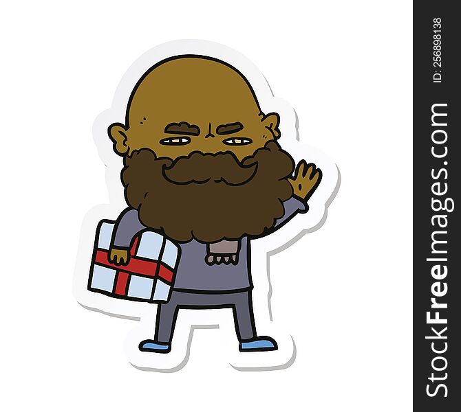 sticker of a cartoon man with beard frowning with xmas gift