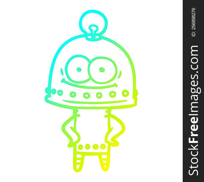 cold gradient line drawing of a happy carton robot with light bulb