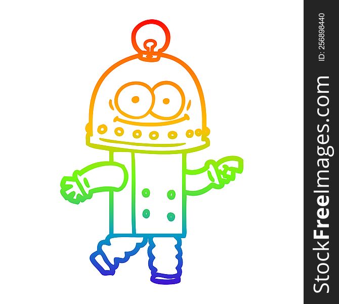 rainbow gradient line drawing of a happy carton robot with light bulb