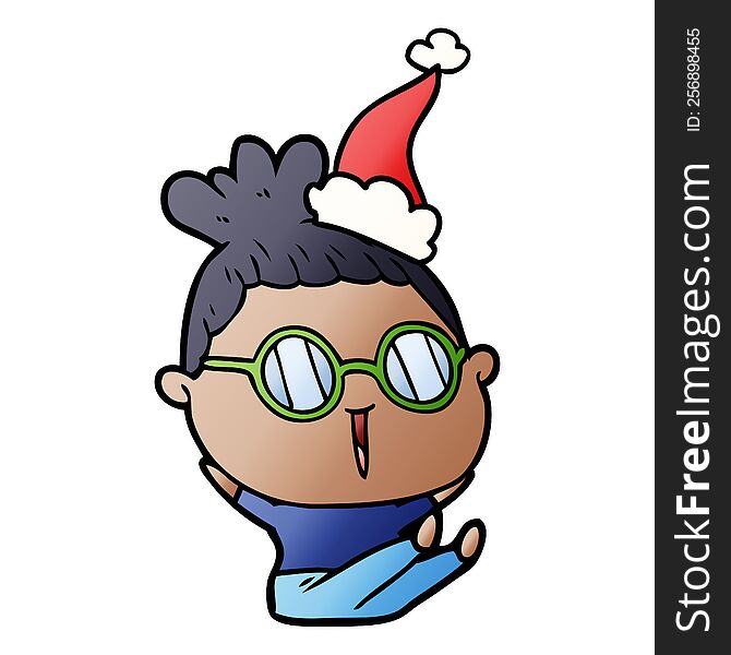 hand drawn gradient cartoon of a woman wearing spectacles wearing santa hat