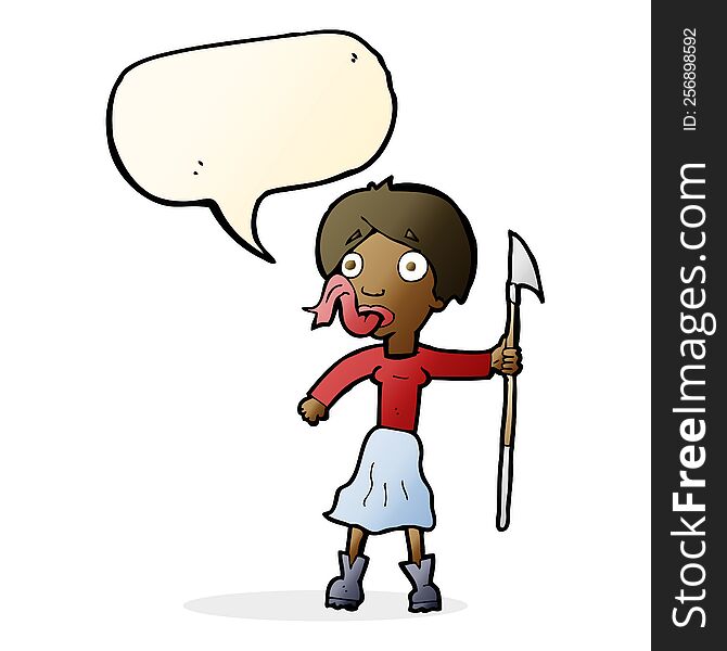cartoon woman with spear sticking out tongue with speech bubble