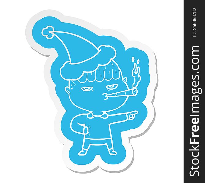 cartoon  sticker of a man smoking wearing santa hat