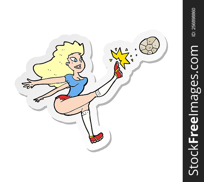 sticker of a cartoon female soccer player kicking ball