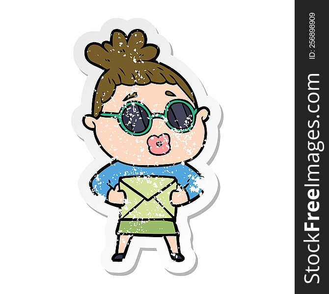 distressed sticker of a cartoon woman wearing sunglasses