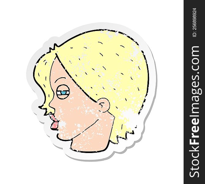 retro distressed sticker of a cartoon female face with narrowed eyes