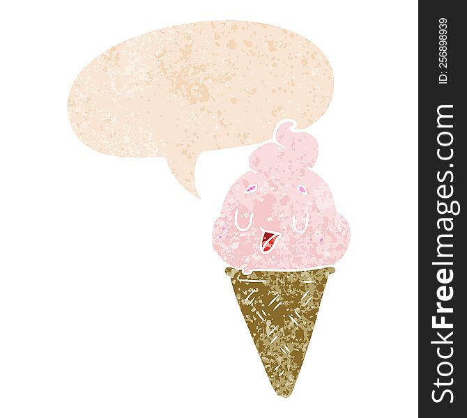 Cute Cartoon Ice Cream And Speech Bubble In Retro Textured Style