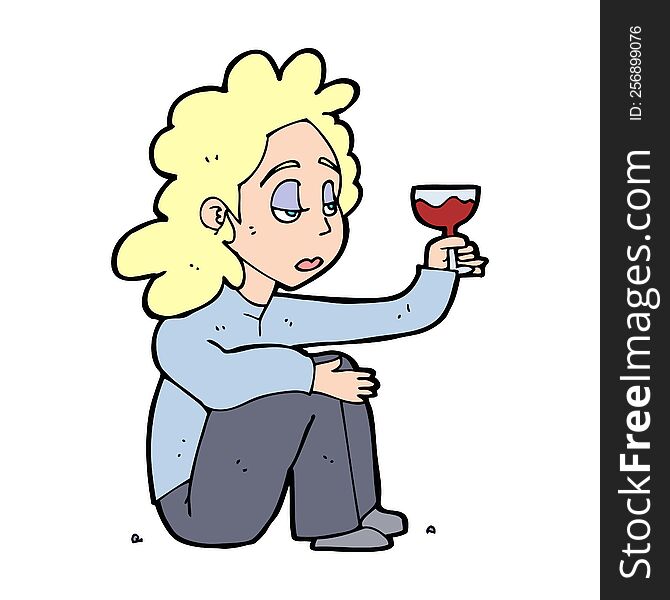 Cartoon Unhappy Woman With Glass Of Wine