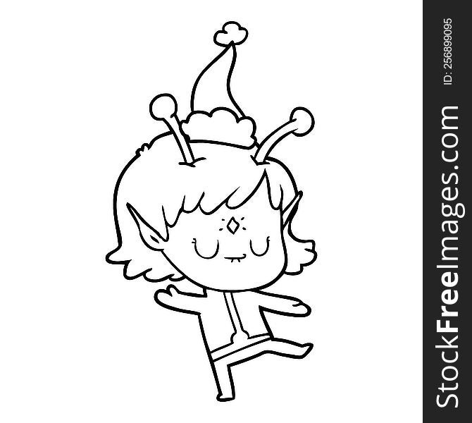 hand drawn line drawing of a alien girl wearing santa hat