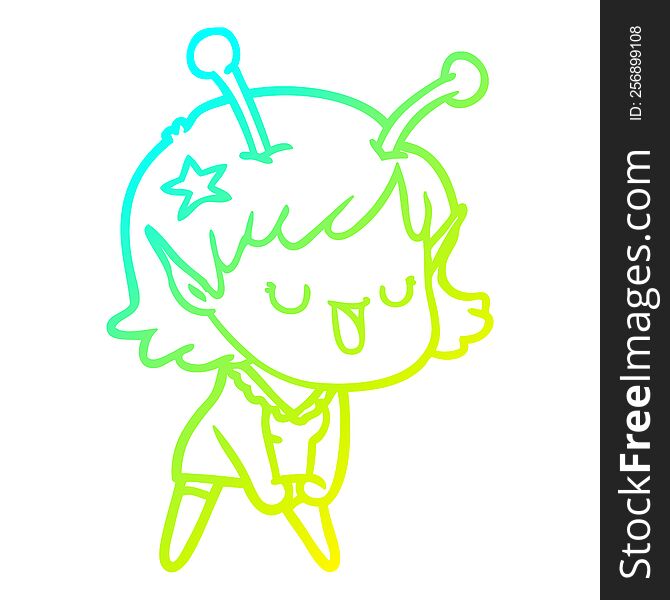 Cold Gradient Line Drawing Happy Alien Girl Cartoon