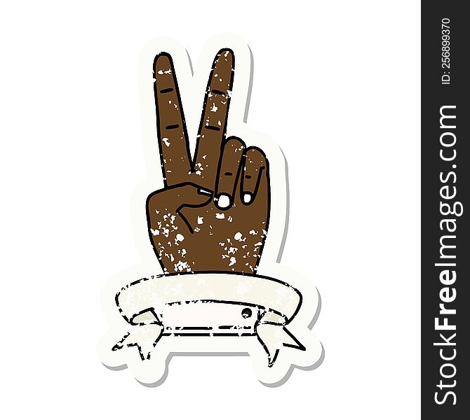 Retro Tattoo Style peace two finger hand gesture with banner. Retro Tattoo Style peace two finger hand gesture with banner