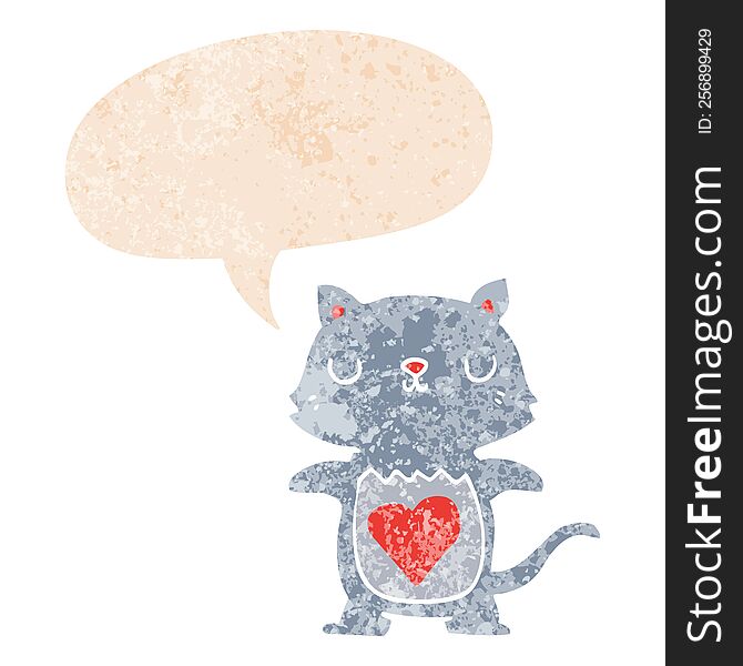 Cute Cartoon Cat And Speech Bubble In Retro Textured Style