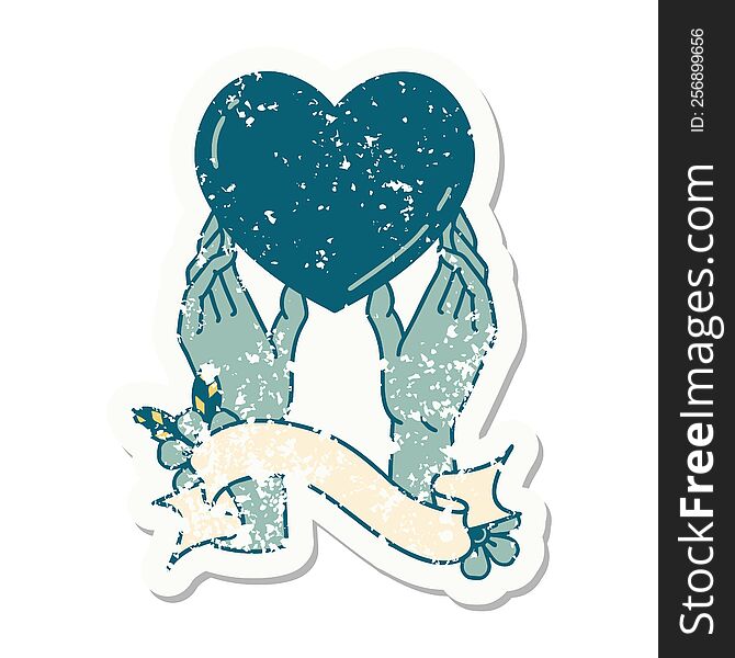 Grunge Sticker With Banner Of A Hands Reaching For A Heart