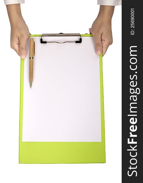 Business woman holding clipboard isolated over white background. You can put your message on the paper. Business woman holding clipboard isolated over white background. You can put your message on the paper.